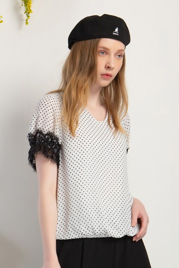 MW 圓點V領睫毛蕾絲雪紡上衣