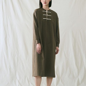 中國風手作盤扣長袖連衣裙 洋裝 茶服 針織衫 D221224