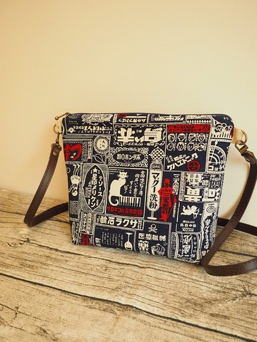 手工縫製 托特側肩包帆布手袋 海軍藍日本懷舊海報圖案