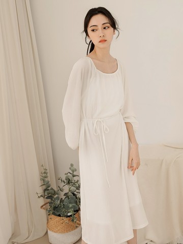 雪紡壓褶微光澤收腰長洋裝