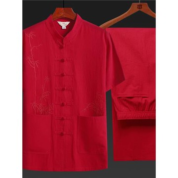 中老年唐裝男夏裝純棉中式短袖套裝薄款爸爸爺爺裝中國風老人衣服