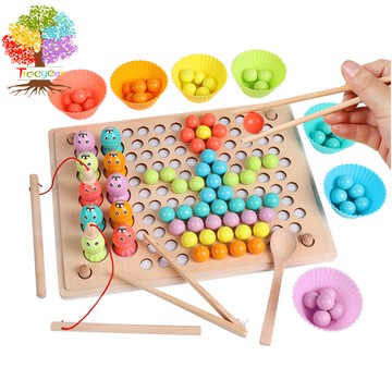 【樹年】蒙氏幼兒童精細動作訓練夾珠子三合一拼圖遊戲釣魚記憶棋玩具男女孩寶