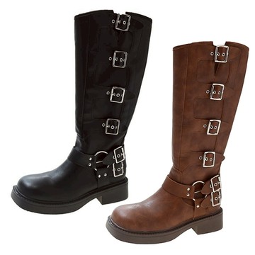 白鳥麗子 [現貨快出] 【35-42全尺碼】騎士靴 率性皮革金屬釦方頭低跟長靴