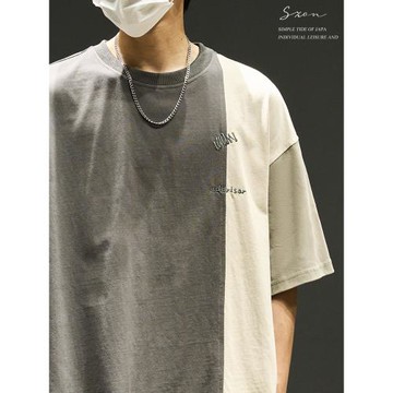 短袖男生夏季ins潮牌拼接撞色字母刺繡半截袖寬松重磅純棉日系t恤