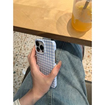 原創簡約奶藍色格紋ins風適用蘋果手機殼菲林殼適用iPhone13/14promax/plus手機殼蘋果12mini硬XS/8保護套