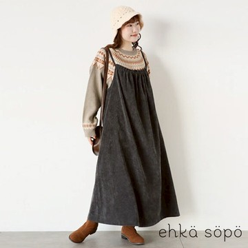 ehka sopo 微光澤燈芯絨摺邊吊帶洋裝(FF37L0H0980)