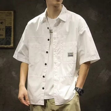美式 工裝 短袖 襯衫 男 夏季 潮牌 白色 寬鬆 大碼 t恤 休閒 百搭 翻領 襯衣 男