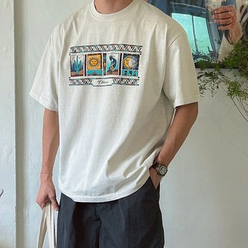 正韓復古水洗棉民族圖騰印花短袖T恤 3色 YUPPIE 預購商品 0721