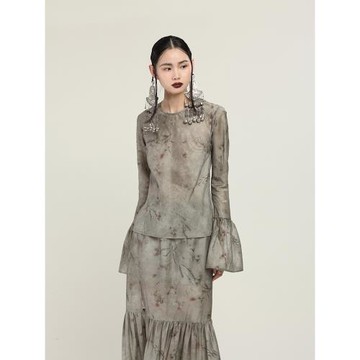 MIA HAN春季新品女原創小眾設計復古印花圓領花苞長袖襯衫上衣