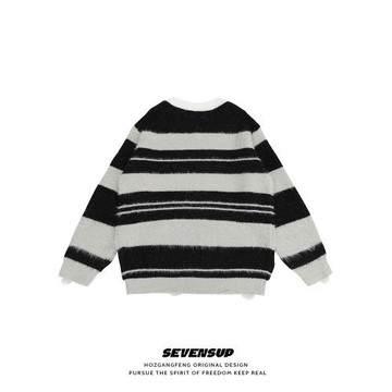 SEVENSUP美式學院風馬海毛條紋V領毛衣男秋冬慵懶風情侶針織球衣