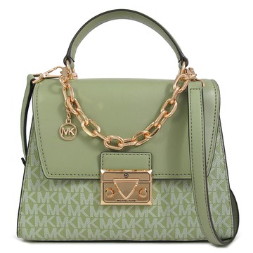 MICHAEL KORS SERENA 金鎖頭鼠尾草綠色皮革X滿版防刮掀蓋兩用包
