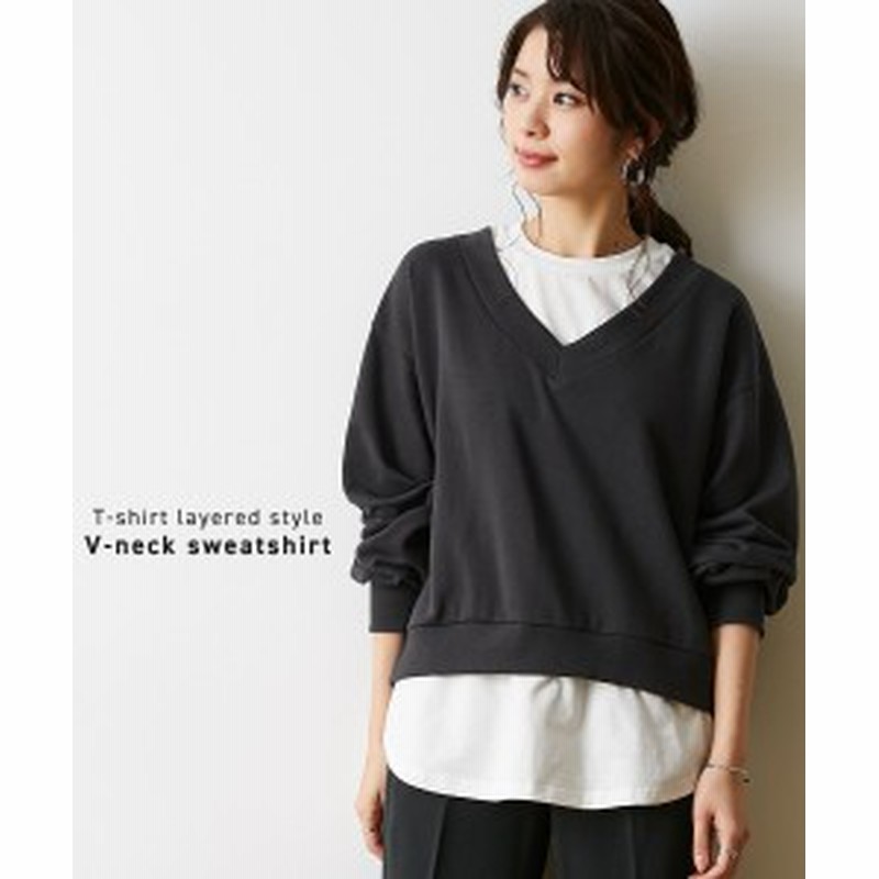 トレーナー レディース Tシャツ 重ね着風 Vネック オフベージュ チャコールグレー M L ニッセン Nissen 通販 Lineポイント最大1 0 Get Lineショッピング