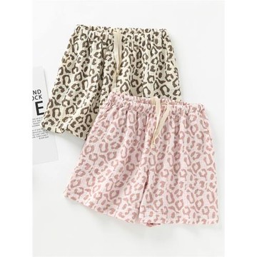 日系純棉睡褲女夏薄款雙層縐布短褲清新豹紋沙灘褲休閑寬松家居褲