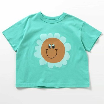 日本 BREEZE - 100%棉 微笑印花短袖-花朵-薄荷綠