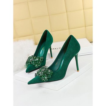 絕美高跟鞋綠色女職場秋冬細跟絨面超淺口尖頭水鉆蝴蝶結單鞋大碼