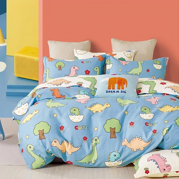 FOCA 韓風設計100%精梳棉 單人薄枕套床包2件組 獨立筒適用床高35cm  床包: 107 x 188cm，枕套: 45 x 75cm  探險恐龍