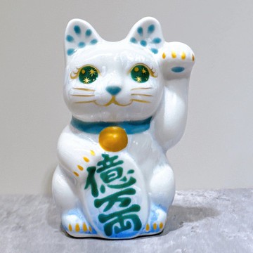 【福財盈門】日本清水燒招財貓 | 花結晶 青白 億万両 左 特小