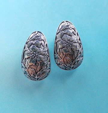 Vintage Jewelry 西洋古董飾品 銀色調 壓花紋 夾式耳環