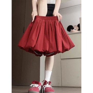 紅色花苞裙褲女夏季2025新款小個子高腰防走光甜美風蓬蓬半身裙子