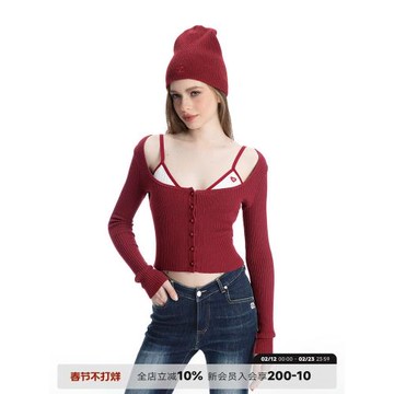 ABMY復古修身方領短款針織開衫