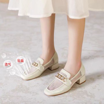 新款網紗高跟鞋女2024夏季外穿網面鏤空小皮鞋百搭透氣粗跟樂福鞋