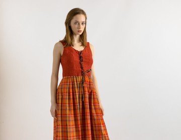 附袖民族風連衣裙，橘棕格紋，鄉村風格連衣裙 38 7044