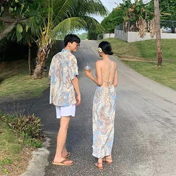 【SEASONS BIKINI】正韓情侶度假印花長洋裝/女款度假洋裝 -KK122