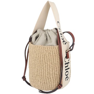 CHLOE WOODY BASKET 草編白色皮邊斜背/手提水桶包