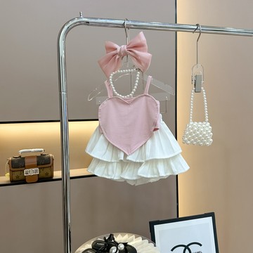 🎀biubiu童裝🎀女童夏裝愛心吊帶套裝洋氣女寶寶百褶蛋糕裙褲二件套兒童夏天衣服