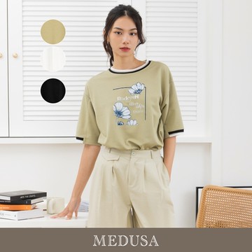 現貨【MEDUSA 曼度莎】I Care 優雅花朵印圖前下襬抽繩Tee - 3色（F）｜女休閒上衣 短袖T恤