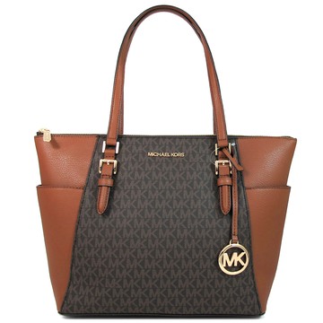 MICHAEL KORS CHARLOTTE 金字LOGO咖啡X橡果色拼接托特肩背包