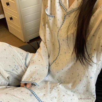 春秋新款甜美翻領星星印花睡衣女士簡約風舒適寬鬆家居服套裝睡衣女套裝睡衣韓版睡衣女生睡衣卡通睡衣