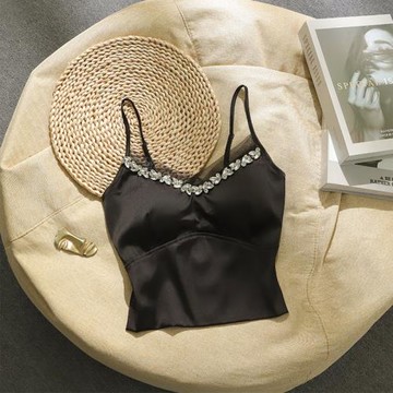 法式重工釘珠水鉆高級感蕾絲吊帶背心女內搭打底胸墊外穿抹胸上衣