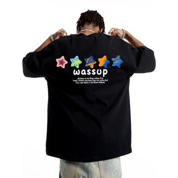 WASSUP星星印花國潮牌美式t恤男生夏季新款純棉重磅短袖上衣體恤