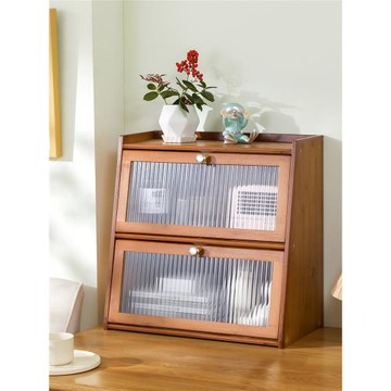 創意復古桌面辦公室收納盒帶門防塵護膚化妝品香水整理置物架木柜