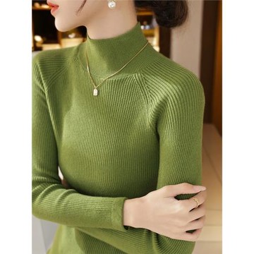 小眾綠色羊毛針織上衣女裝春季新款亮眼時髦修身長袖半高領打底衫