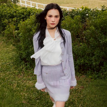 SO NICE 柔紫色千金風羊毛緹織混紡針織拼接羽毛邊短裙