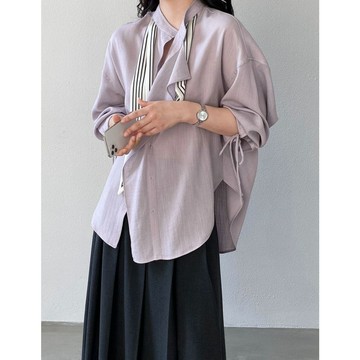 花灰灰🌟櫻花女神 l 灰紫X灰藍 S-L法式甜美氣質附領巾綁帶長袖襯衫 春季新款設計感質感長袖襯衫 娃娃衣 長袖上衣