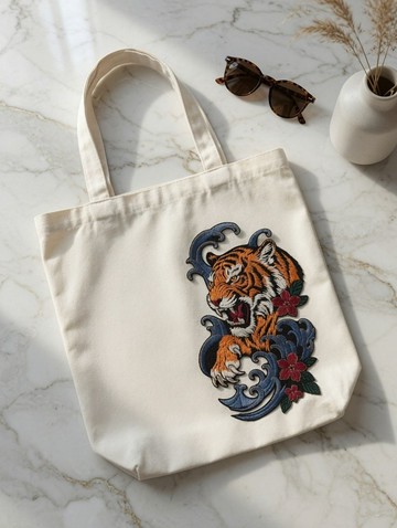 客製刺繡咆哮老虎帆布托特袋 中國風虎頭波浪花卉刺繡購物袋 個性