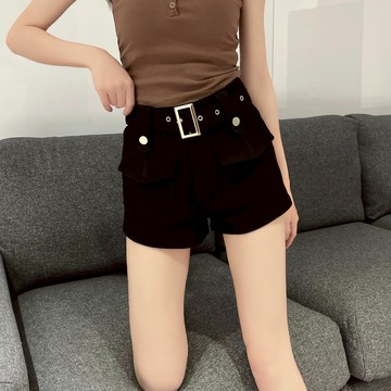 腰帶工裝牛仔短褲【6606】Sandy33實拍春夏新款韓系INS修身顯瘦雙口袋高腰三分褲 熱褲 牛仔褲 黑色短褲黑褲