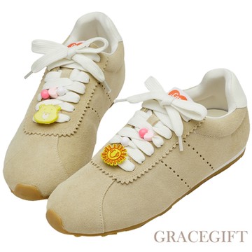 【Grace Gift】Care Bears -復古幽默小熊麂皮休閒運動鞋(附芭蕾少女DIY改造包) 淺黃