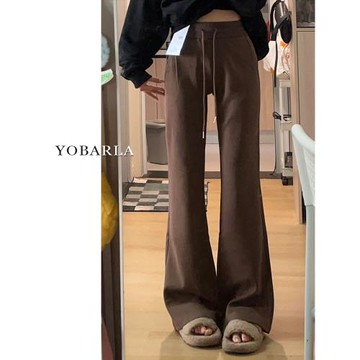 棕色休閑微喇褲女春季新款大碼胖mm梨形身材寬松顯瘦高腰運動衛褲