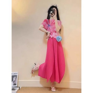 三宅風2026夏季新款套裝時尚百搭短袖上衣休閑高腰褶皺半身裙女夏
