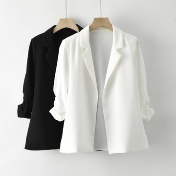 翻領無扣抽褶袖小西裝春夏薄款修身顯瘦純色帥氣休閑百搭職業外套