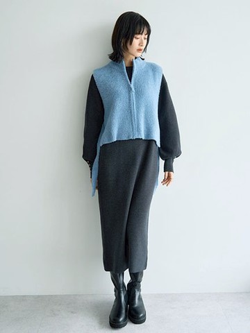 【SET ITEM】毛絨拉鍊背心+圓領針織連身洋裝(07001131500) - YECCA VECCA