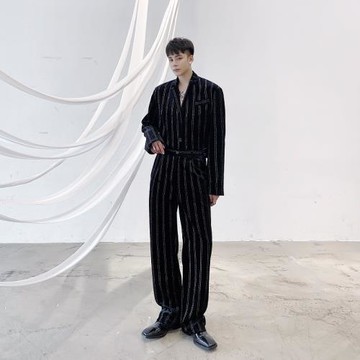 2025春季設計感休閑褲男加厚韓國絨亮鉆豎條紋顯瘦氣質直筒長褲子
