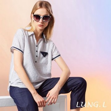 LUNG.L林佳樺 白色細條紋拼接口袋襯衫領半開襟短袖女裝上衣 LW49A