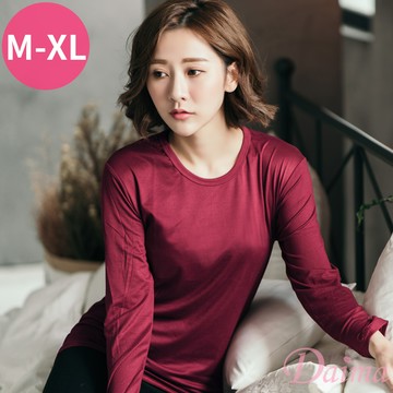 女生 (M-XL)圓領素面蓄熱磨毛彈性保暖上衣T恤 (長袖)_暗紅#6139