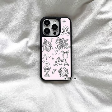 ins風手機保護殼⭐ins古早復古可愛插畫膚感粉底天使小兔黑邊適用蘋果iPhone17prom