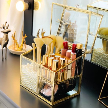 北歐ins風化妝刷子收納桶玻璃珍珠筒口紅美妝桌面防塵帶蓋收納盒